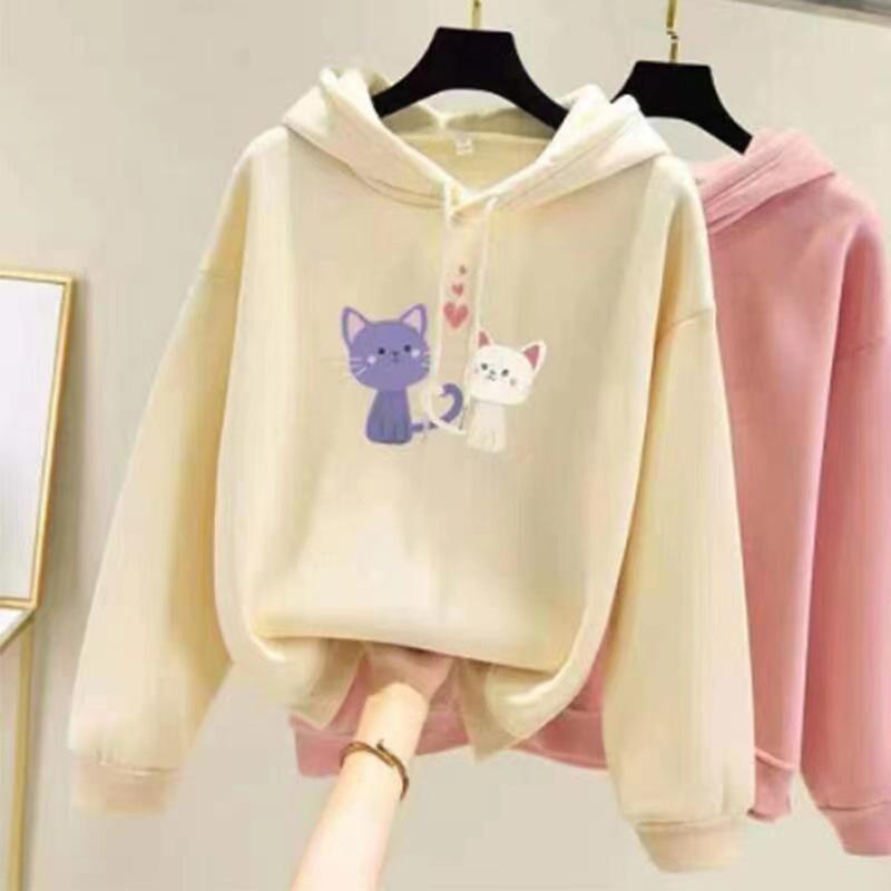 Korean Style Women's Fleece-Lined Hooded Sweatshirt, Plus Size, Loose Fit, Long-Sleeved, for Autumn and Winter.
