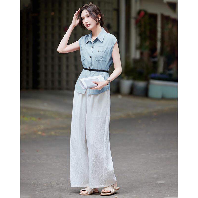 TERRE BLEUE Women's Summer Short Sleeve Shirt & Casual Pants Set