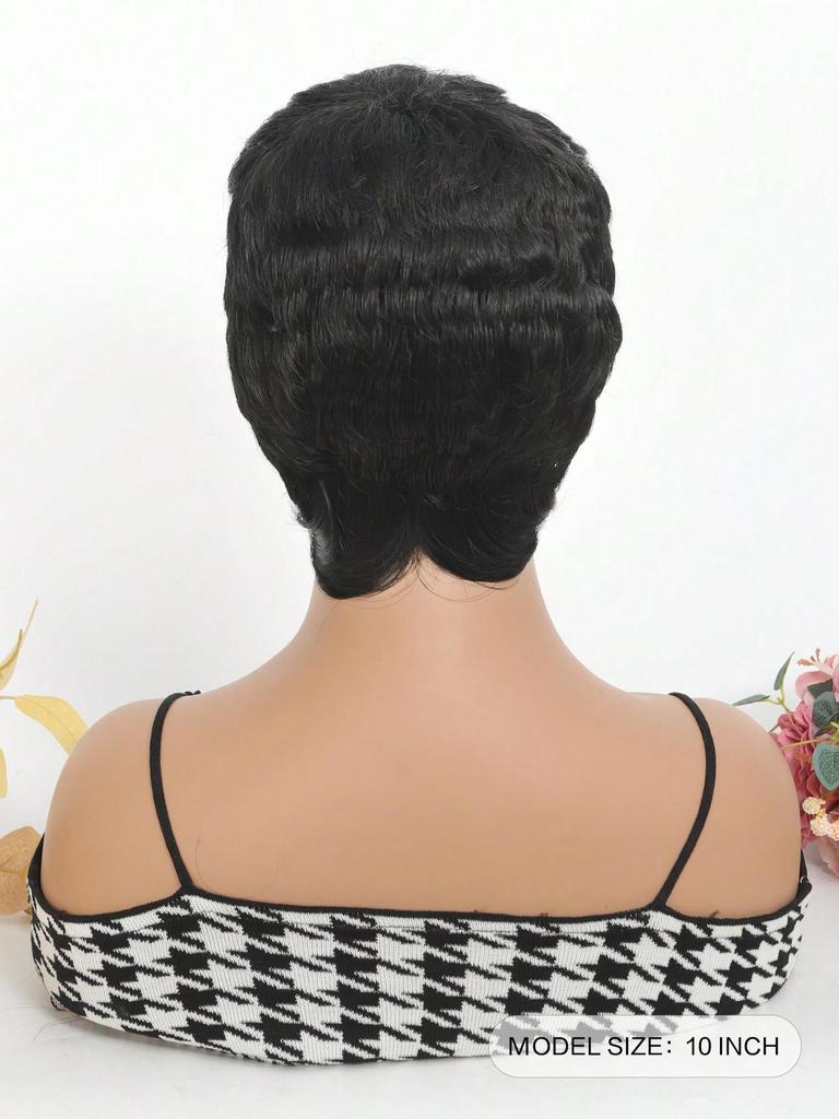 Schwarzes lockiges Haar, synthetische Perücke, kurze Perücke mit Pony, geeignet für den Alltag von Frauen