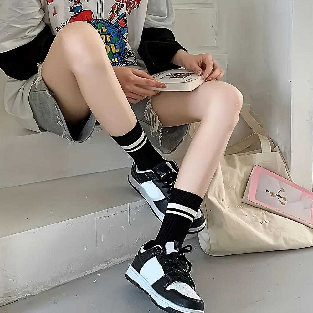 5 pairs of women's mid length socks - moisture wicking, soft, black and white striped, comfortable and cute casual socks