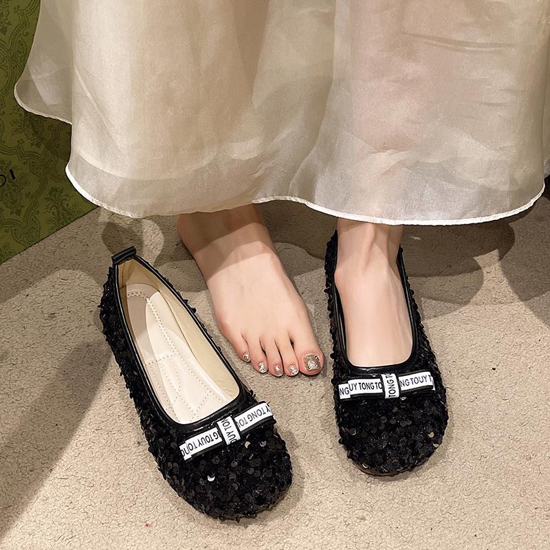 

Leisure Sweet Flats Female Summer Daily Leather Slip on Round Toe Classic Shoes for Women Solid Bling Casual Shoes Plus Size 35 чёрный