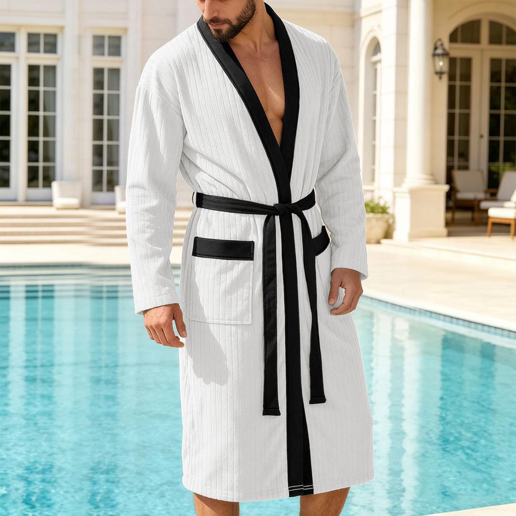 Bata Kimono de Manga Larga para Hombre con Ribete Tejido Suave y Ligero Bata de Baño con Cinturón y Bolsillos para Spa en Casa