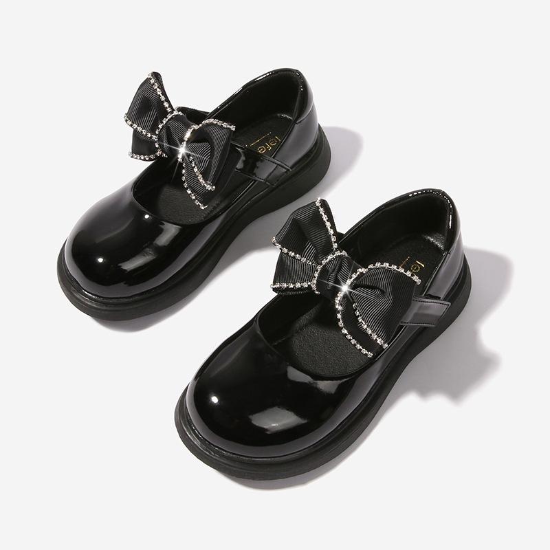 2024 Spring Children School Shoes Round-toe Versatile Soft Girls Loafers Black Uniform Bow Elegant Kids Shoes Drop Shipping PU
