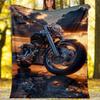 Vintage Motorcycle Sunset Fleece Printed Flannel Blanket, Warm Soft Throw Sofa Bed Blanket