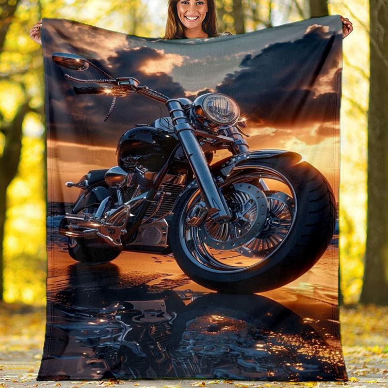 Vintage Motorcycle Sunset Fleece Printed Flannel Blanket, Warm Soft Throw Sofa Bed Blanket