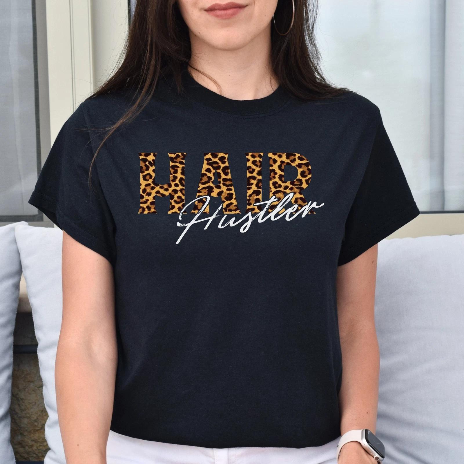 Hair hustler leopard skin Unisex T-shirt hairdresser tee black dark heather M