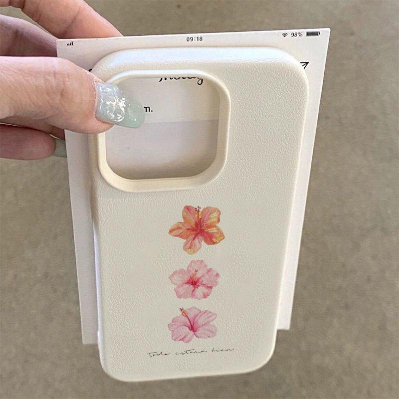 Hibiscus Flower Pattern Lychee Texture Silicone Phone Case For iPhone 11 12 13 14 15 16 17 Pro Max 14 Plus 17Air Soft Cover