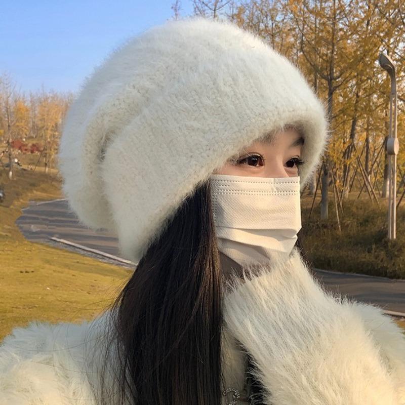 Face little rabbit hair hat women's winter warm wool hat big head circumference temperament white plush knitted ear protector cold hat