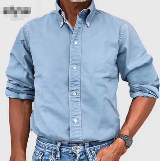 Men's Casual Imitation Denim Shirt - Turn-Down Collar, Button-Up, Long-Sleeved, Solid Color