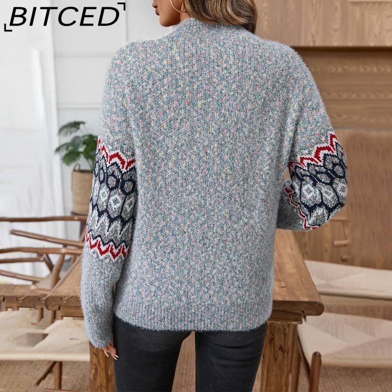 BITCED Jacquard Herbst/Winter Pullover mit halbohem Kragen Damen Casual Langarm Strickoberteil