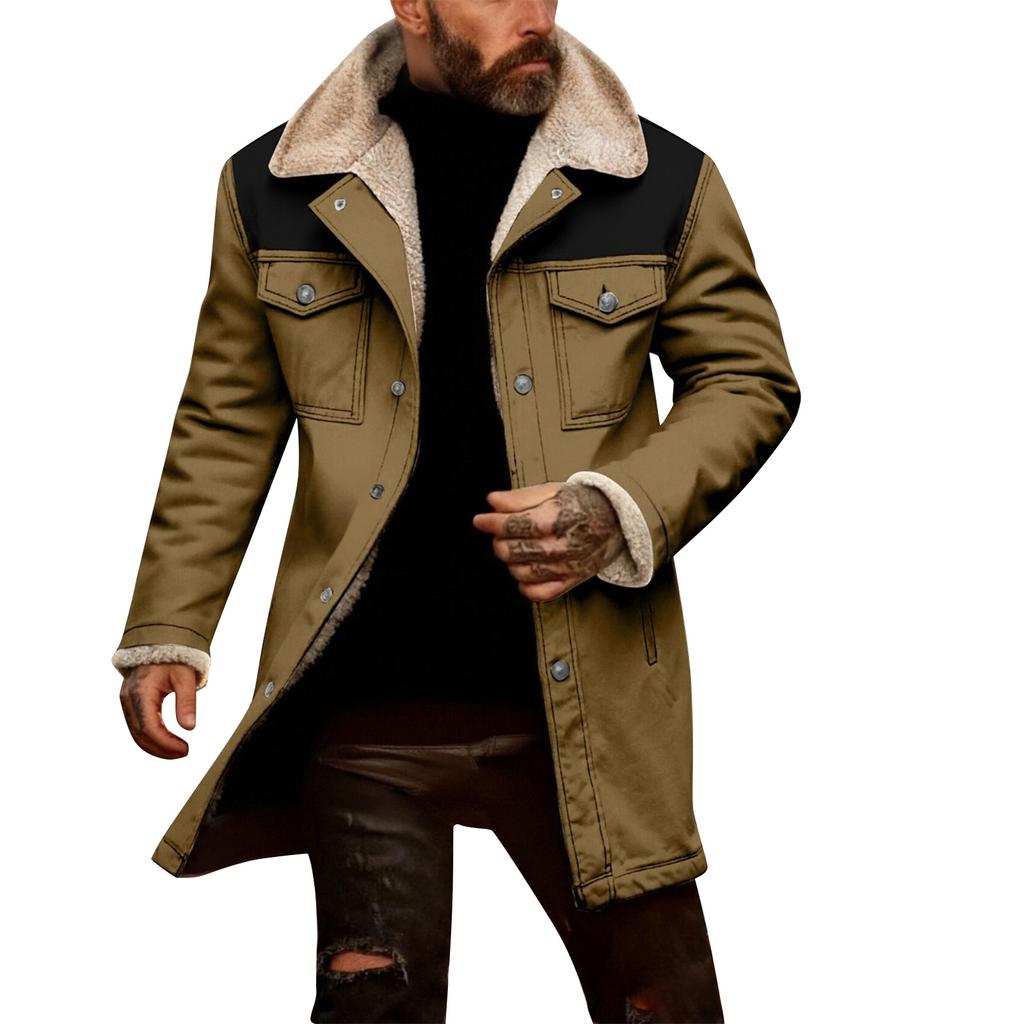 Men's Solid Color Button Pocket Work Wear Plus Leather Jacket Men's Casual Long Coat