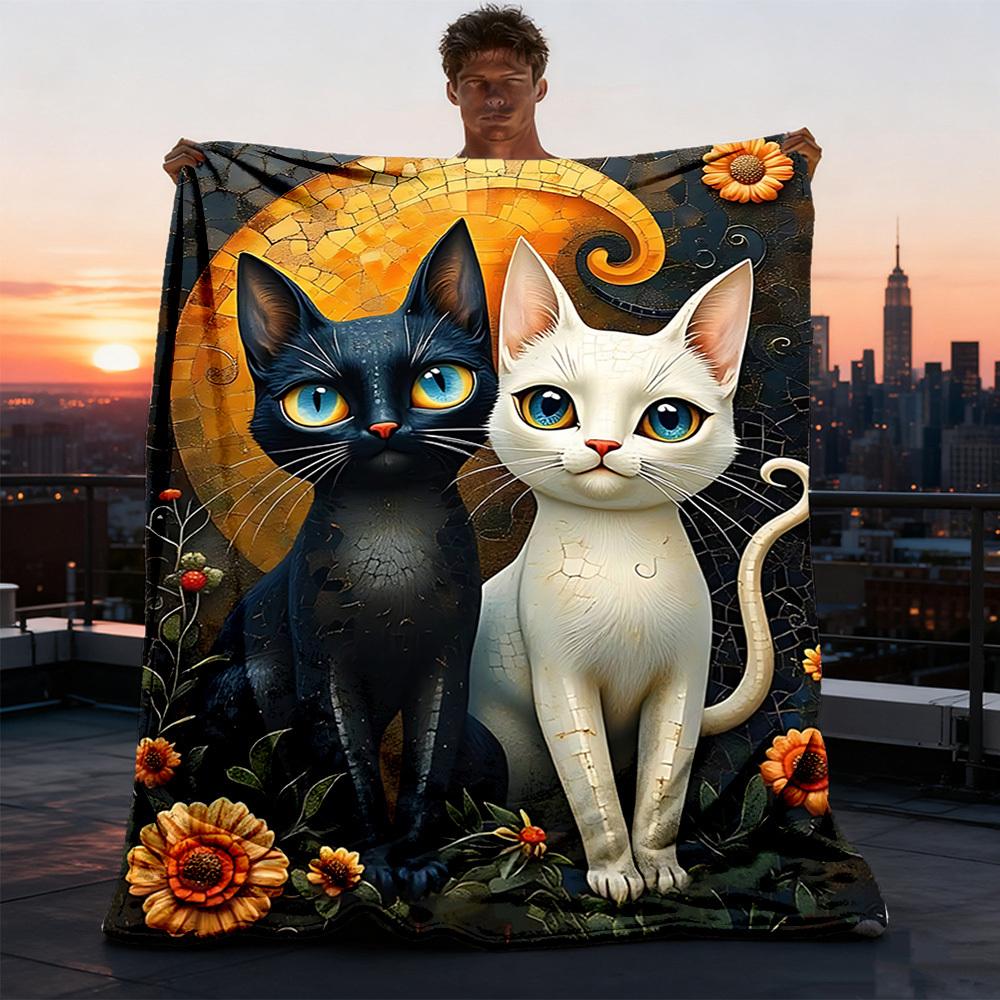 1pc Cat Artwork Outdoor Flannel Blanket , Machine Washable Perfect Gift for Birthday , Holiday Travel Accessory , Durable Material