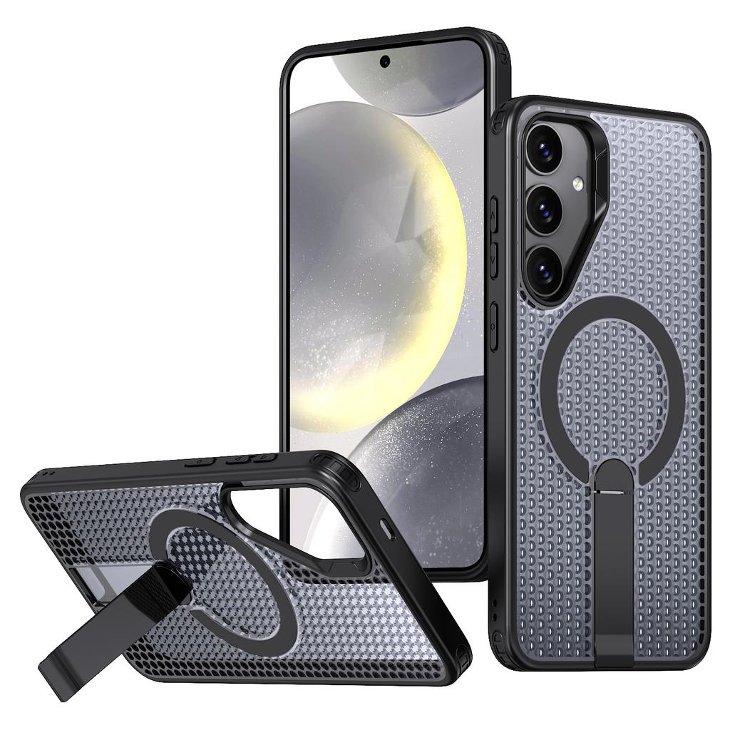 For Samsung Galaxy S25 Magnetic Case Kickstand Grid Texture TPU PC Phone Back Cover