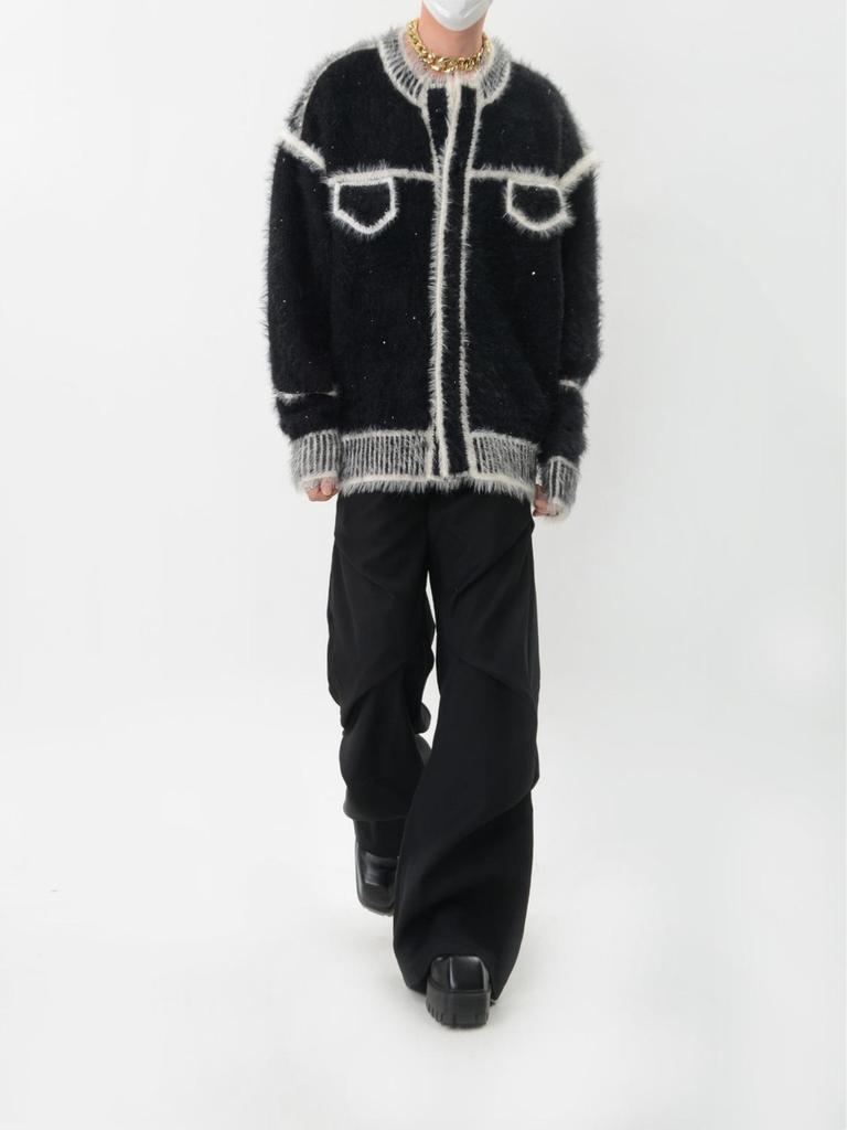 Unisex Color Block Knit Cardigan Jacket - Heavyweight Plush, Autumn/Winter Trendy Loose Fit