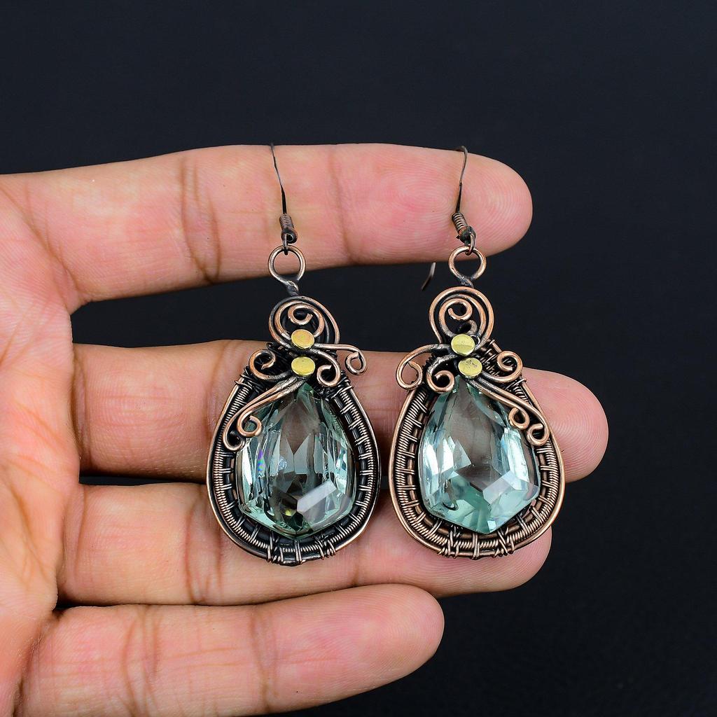 Aqua Apatite Earrings, 999 Copper Wire Wrapped Earrings Handmade Gemstone Jewelry, Gifts For Wife Brand New Earrings