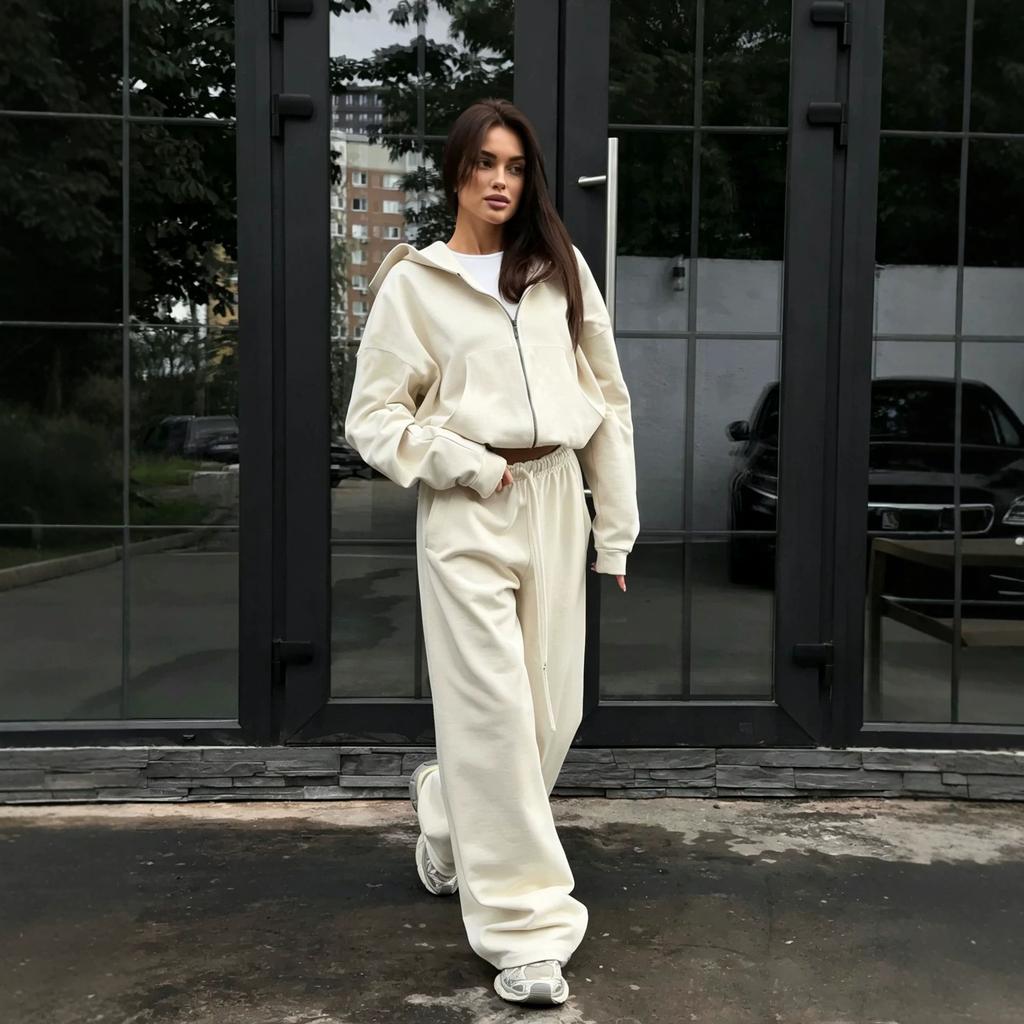 Women's new zipper hooded sports cardigan lace-up trousers two-piece casual suit