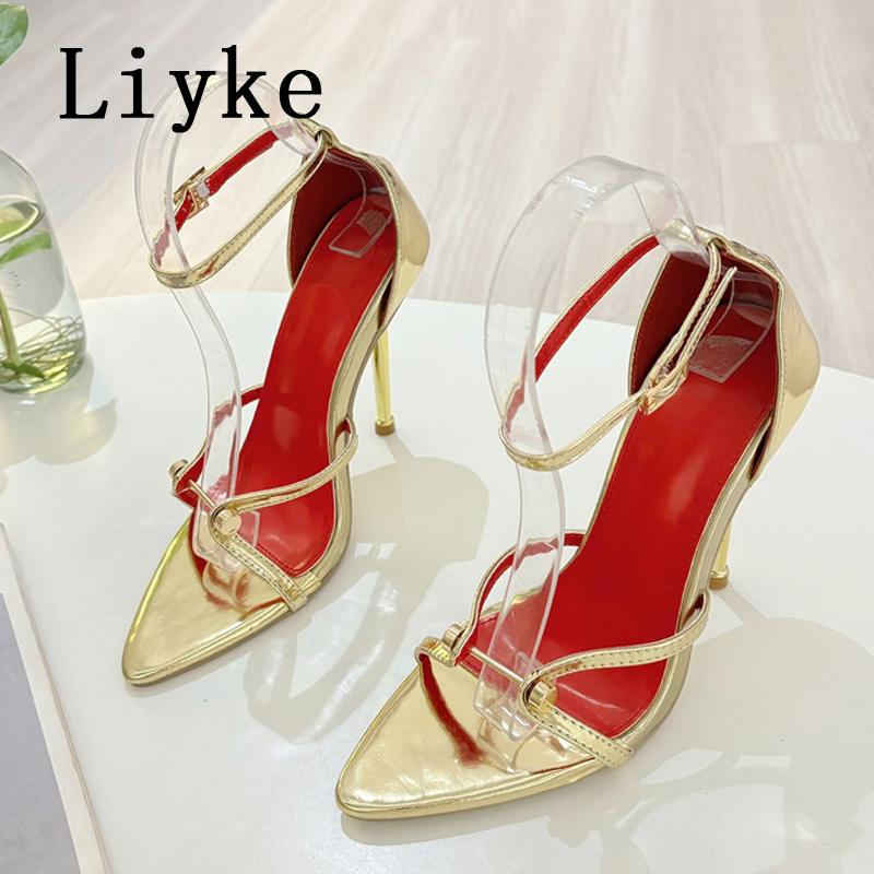 Fashion Liyke Fashion Design Metal Decoration Narrow Band Women Sandal High Heels Sexy Pointed Open Toe Wedding Banquet Shoes Size 35-41