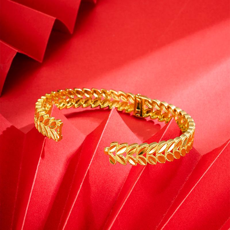 Gold-Plated Wheat Ear Buckle Bracelet & Double Layer Leaf Open Ring for Women