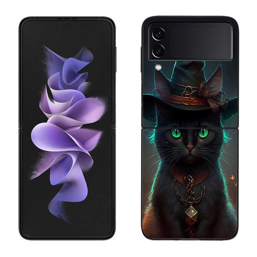 Halloween Magic Cat Phone Case For Samsung Z Flip 7 6 5G Galaxy Z Flip 5 4 3 Black Hard Cell Cover Luxury PC Shell Coque