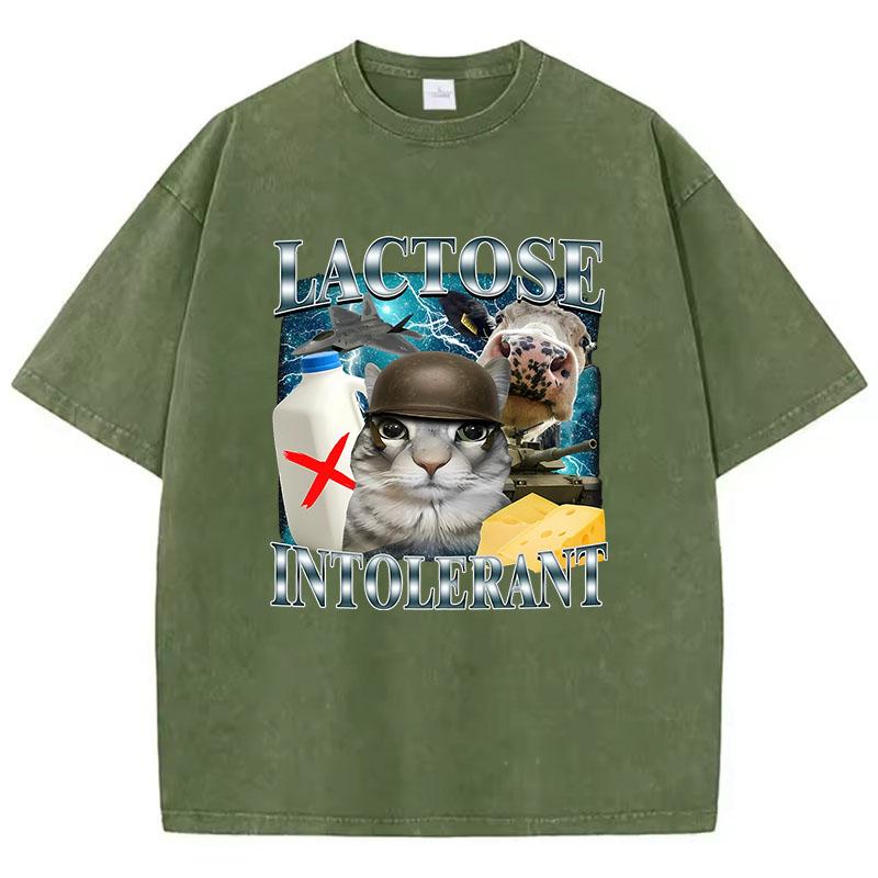 Retro T Shirt Vintage Washed Cotton T-Shirt Lactose Intolerant Funny Cat Meme Graphic Tee Casual Streetwear Spring
