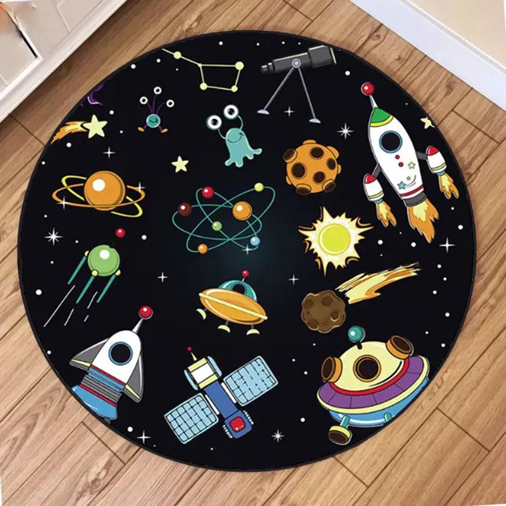 Kids Space Round Rug Collection Cartoon Planet Rocket Alien Pattern Educational Carpet For Children's Room Decor