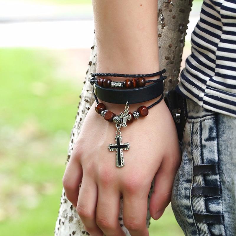 Beaded cross leather bracelet real leather bracelet punk style
