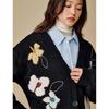 INMAN 2025 Winter Women's V-Neck Wool Blend Embroidered Floral Knit Cardigan