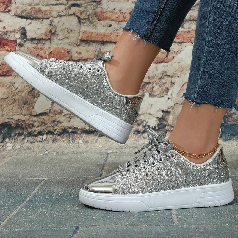 Fashion Women's Sequins Sneakers Fashion Korean Style Lace Up Flat Shoes Thick Anti-slip Couple Shoes Casual Trainers Chaussure Femmes