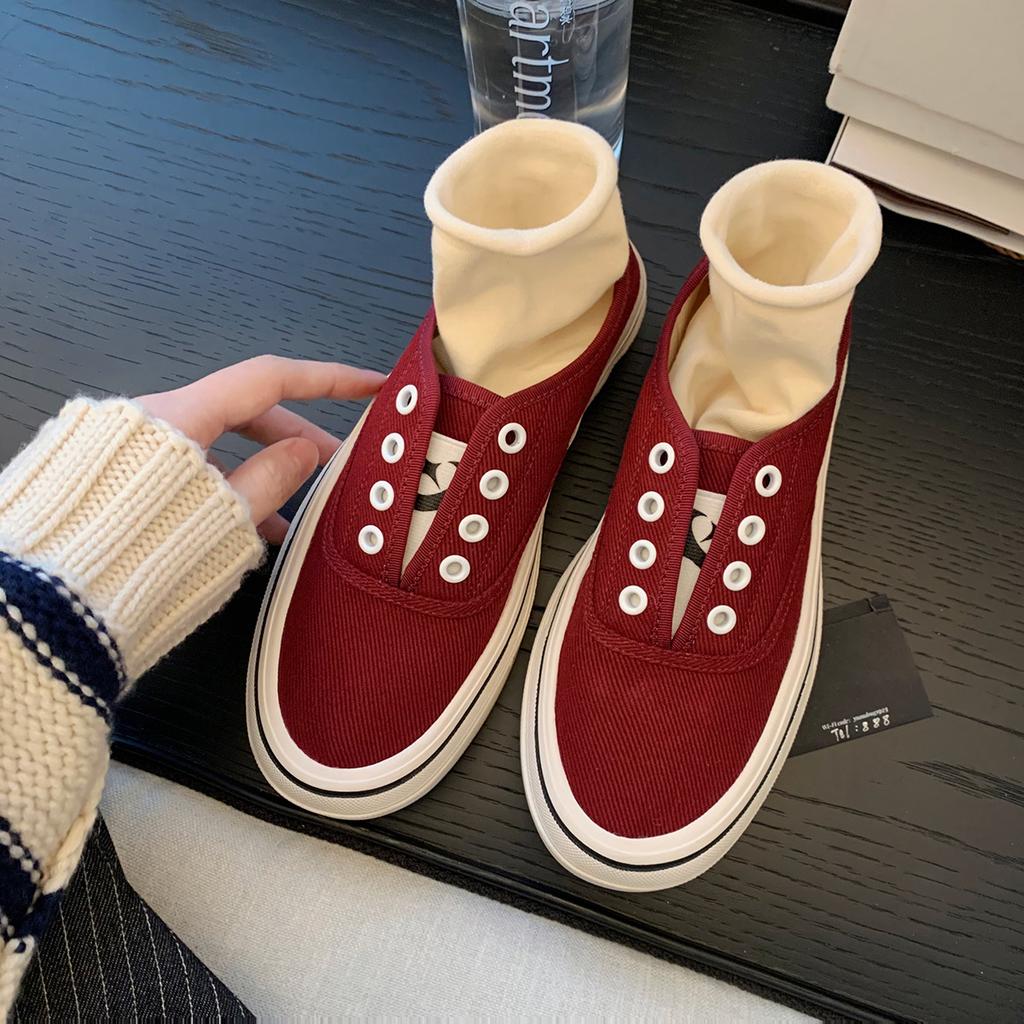 Sheepskin grape mother, the same style, one-pedal round head muffin thick-soled versatile board shoes, canvas shoes, spring and autumn color matchi