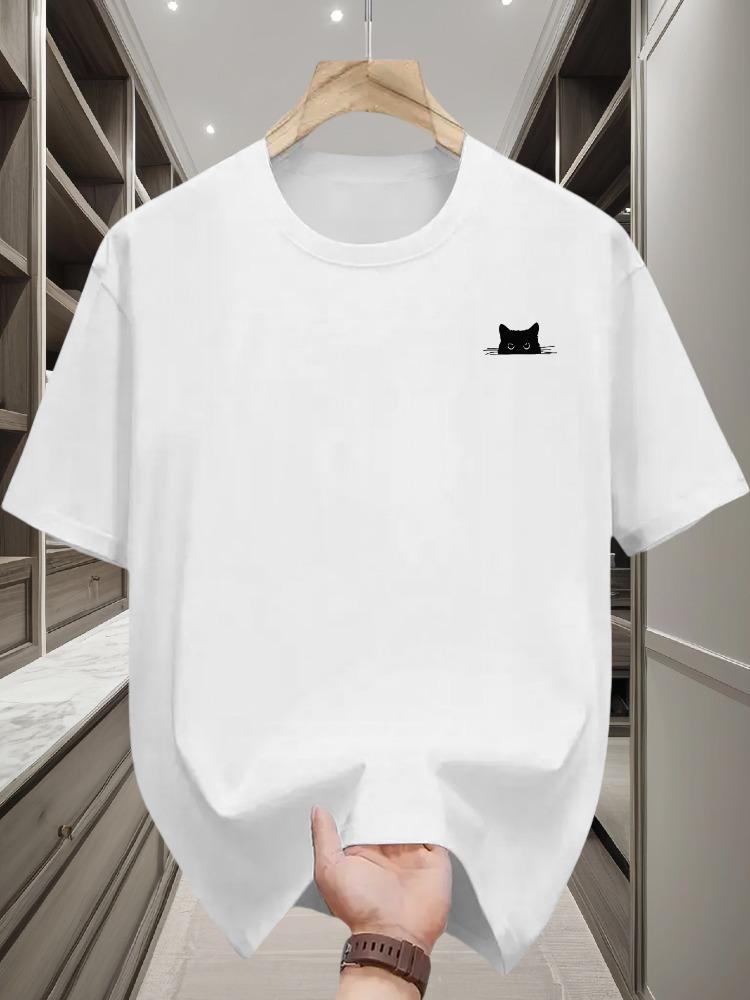 Unisexs Summer 100 Pure Cotton Casual Loose Cat EleUnisext Printed Comfortable Sports Round Neck Short Sleeved Tshirt Top
