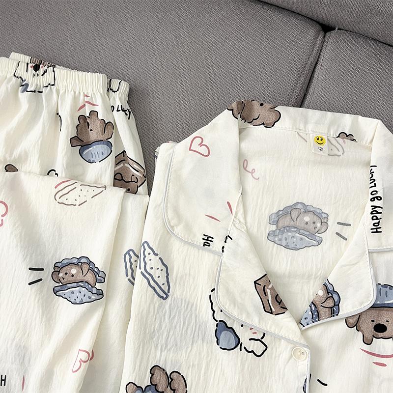 Cartoon Buchstaben Hundeaufdruck Übergröße Damen Pyjama Set Süß Niedlich Lässig Mode Nachtwäsche Pyjama