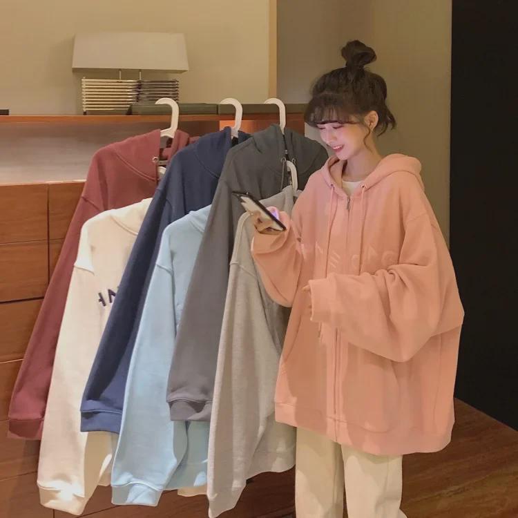 Women's Plus Size Velvet-Lined Embroidered Hooded Sweatshirt - Cozy Autumn/Winter Loose Fit Zipper Cardigan