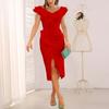 Low Collar Hip Wrap Sleeveless Front Split Gown Dress Ruffle Decor Bodycon Midi Dress Female Clothing