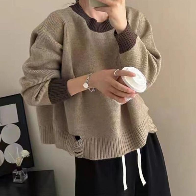 

Свитер на подкладке из трикотажа с рваными отверстиями. Цветной свитер для женщин. Весна и осень 2023. Свободный пуловер с круглым вырезом и длинными рукавами. One Size хаки