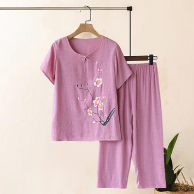 Set de două piese din bumbac și in pentru femei în vârstă, cu mânecă scurtă și imprimeu floral, top cu guler rotund și pantaloni largi, casual, lenjerie de casă