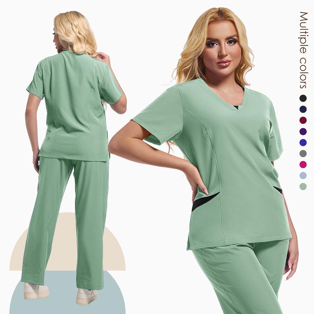 Elastic V-Neck Short Sleeve Scrub Suit for Dental Clinic, Salon, or Nurse Uniform