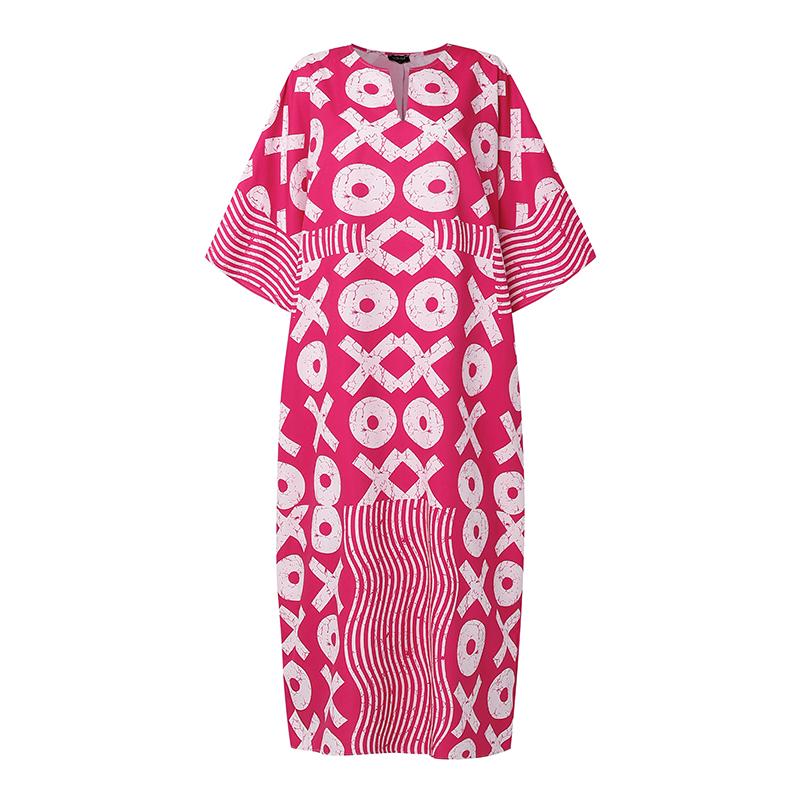 Plus Size Summer Women 3/4 Sleeve Floral Striped Print Casual Loose Long Maxi Robe Dress