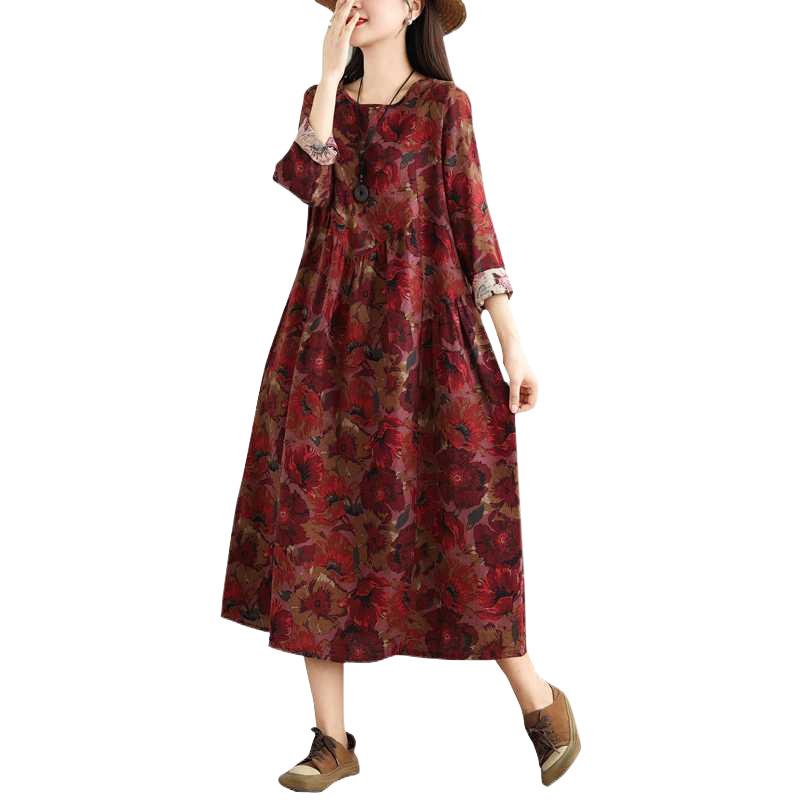 New Vintage Cotton-Linen Printed Round-neck Long-sleeved Dress for Women - Loose Fit Large Size for Slimming - Patched A-line Skirt for Women