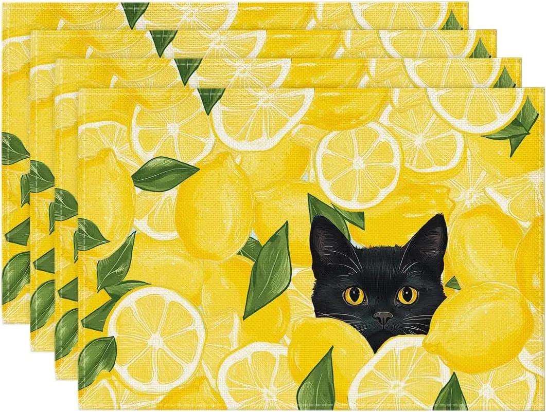 

4PC Lemon Cat Summer Placemats Seasonal Spring Holiday Table Mats for Party Kitchen Dining Decoration 30x45cm-4PC