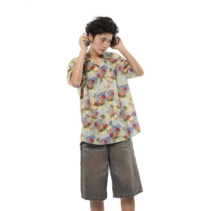 Summer Hong Kong Style Bandage Dress Shirt American Retro Oil Painting Flower Shirt Women's Short Sleeve Loose Casual Outdoor Shirt Fashion