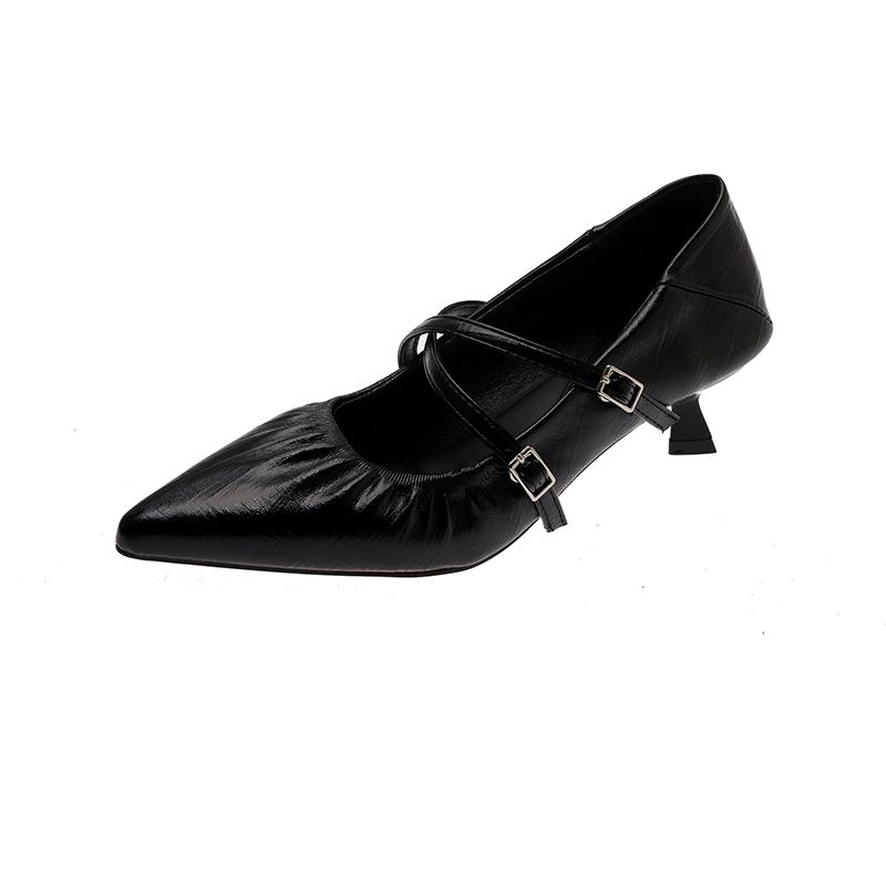 French Style Pointed Toe Mary Jane Shoes Women s Shallow Pleated Cross Strap Elegant Stiletto Leather Shoes 35