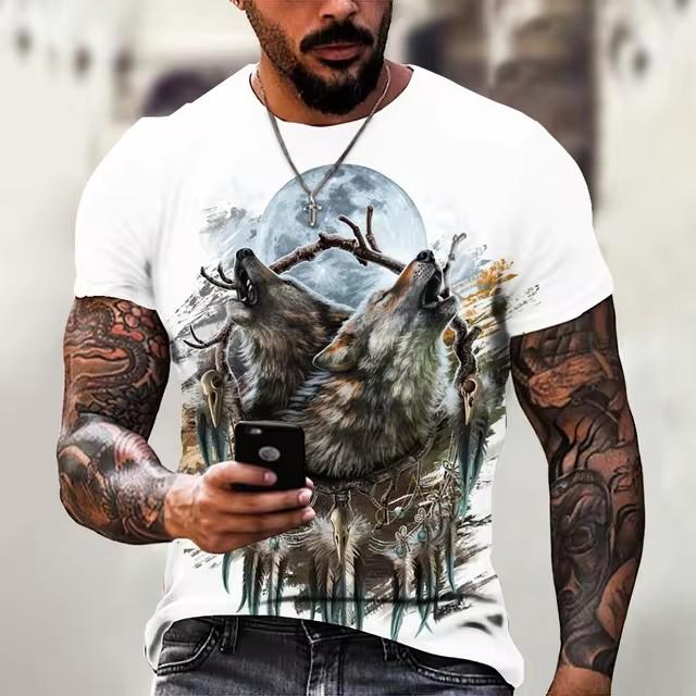 Summer Round Neck 3D Wolf Print Top Fashionable Casual Short Sleeved Men's T-shirts