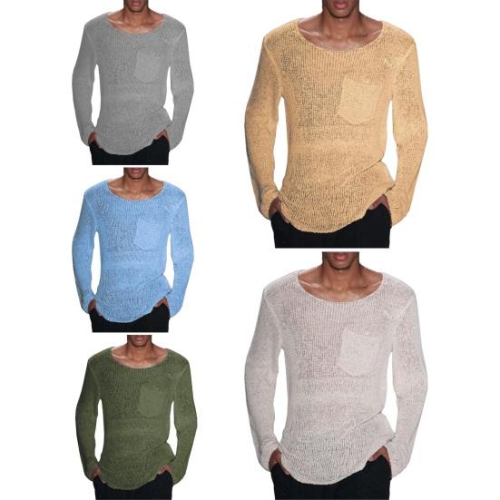 Men O-Neck Long Sleeve Knitting Sweater Solid Color Hollow Out Casual Pullover Sweater