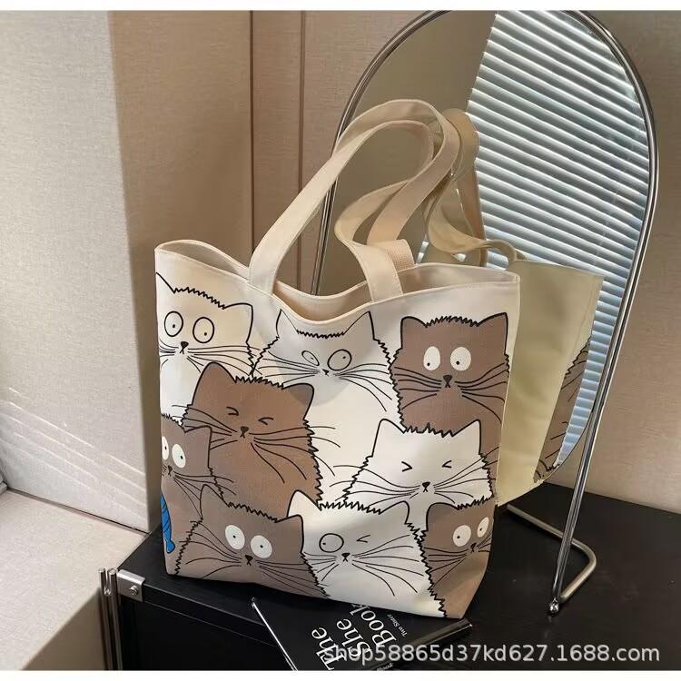 Handbag Shopping Bag Cute Cat Print Women's Handbag Linen Tote Bag Printed Logo Casual Travel Beach Bag