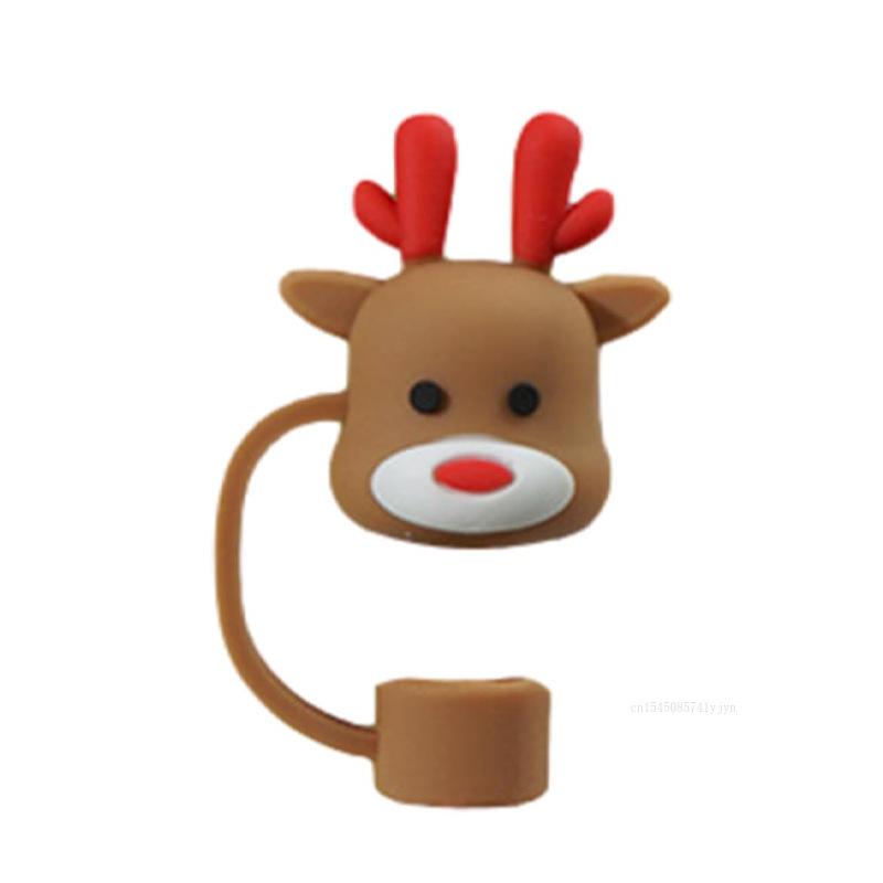 Christmas New Silicone Straw Cover 10mm Large Diameter Reusable Straw Tips Cartoon Cute Holiday Gift Dust Cap Party Xmas Decor