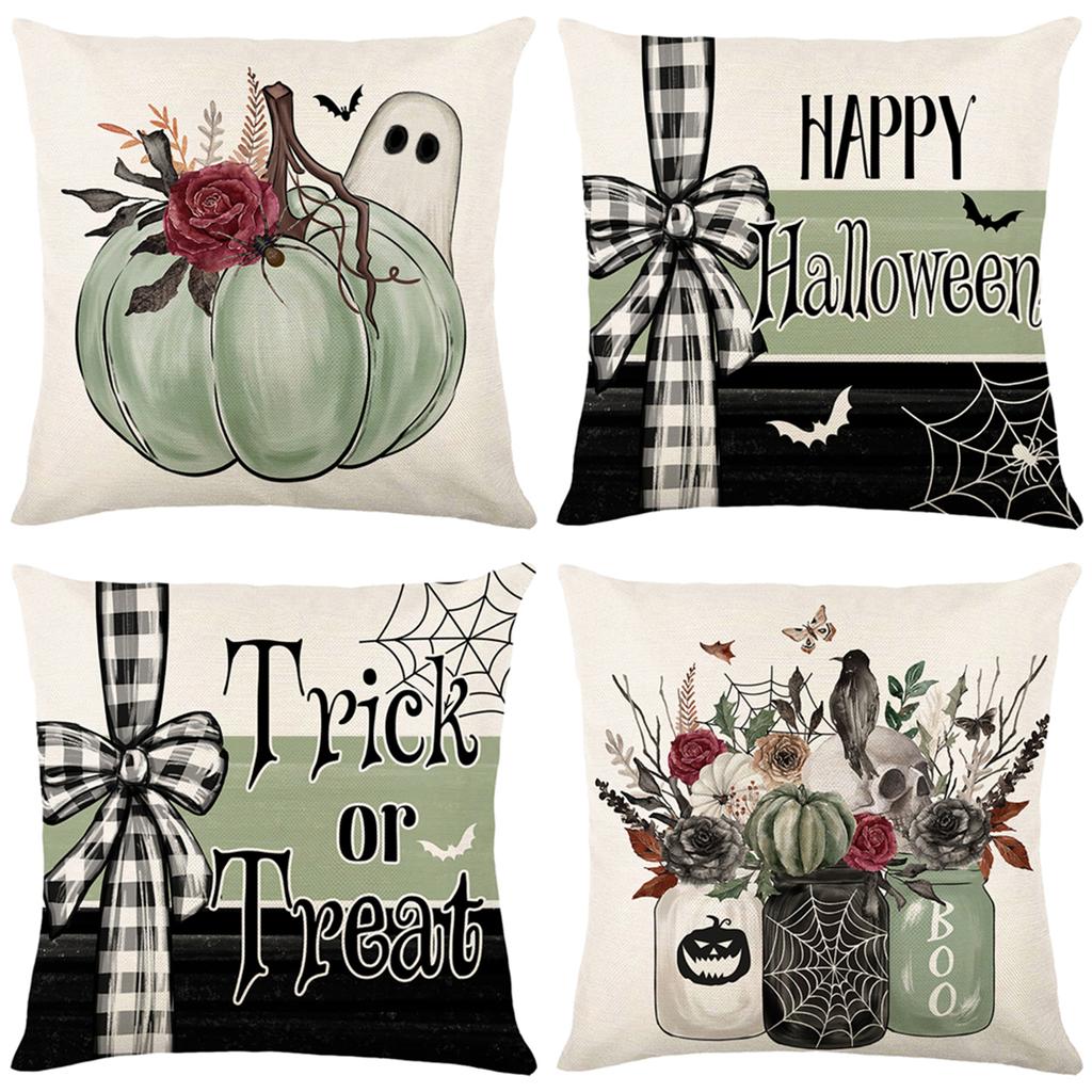 4 Pack Halloween Linen Throw Pillow Covers Cushion Case Vintage Square Pillowcase for Couch Sofa Bed Living Room Home Decor