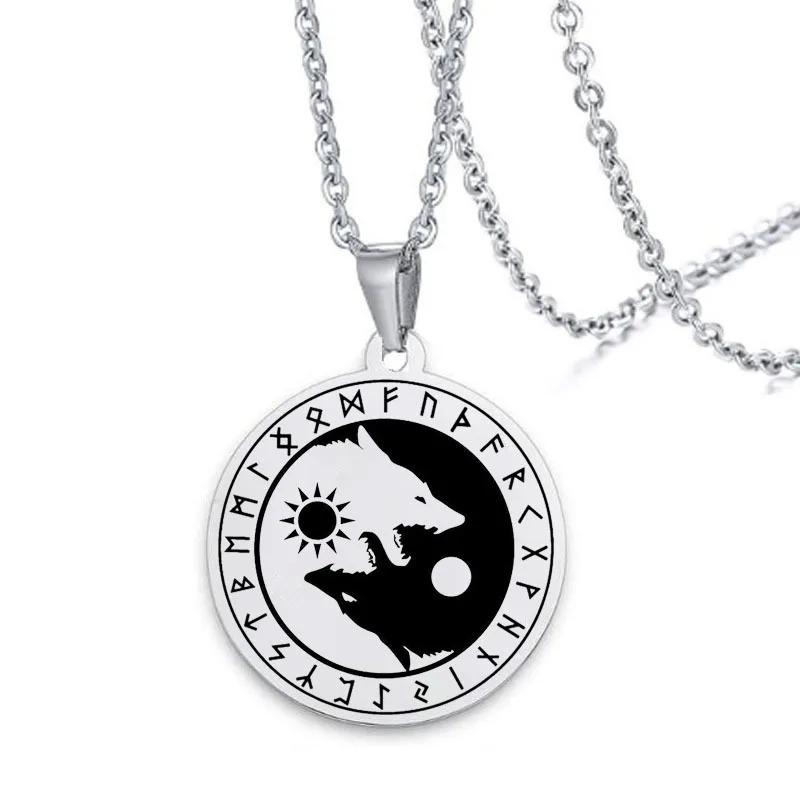 Stainless Steel Yin Yang Wolf Sun Moon Pendant Norse Viking Necklace Nordic Talisman Amulet