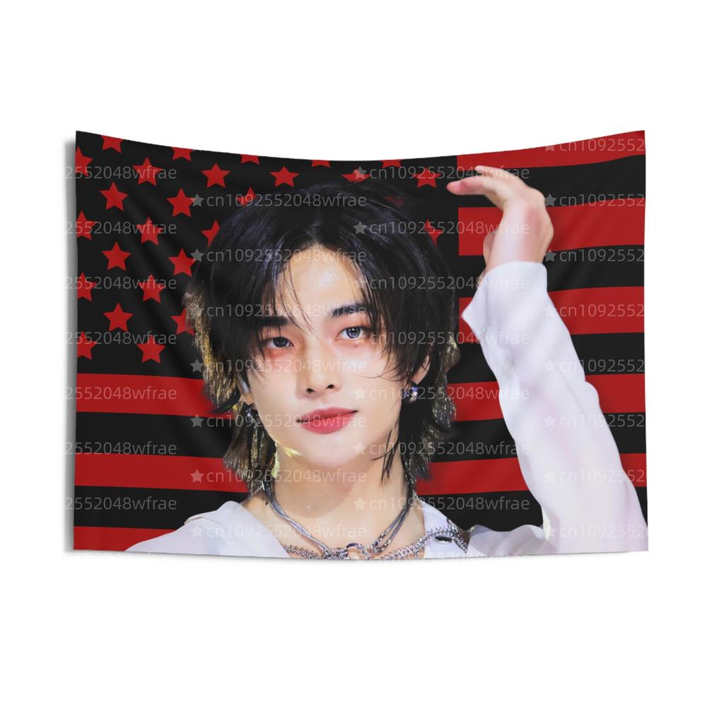 1PC Skz Hyunjin Kwave American Flag Tapestry for Bedroom Decoration Wall Hanging Party Background Room Durable Decoration