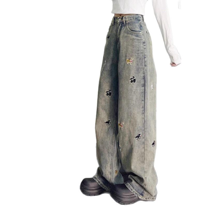 Women's Spring/Fall Loose Distressed Wide-Leg Jeans with Little Dog Embroidery