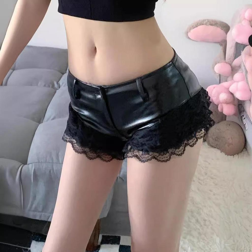 2024 Sexy Lace-Stitched Low Waist PU Leather Hot Shorts - Trendy Women's Nightclub Wear